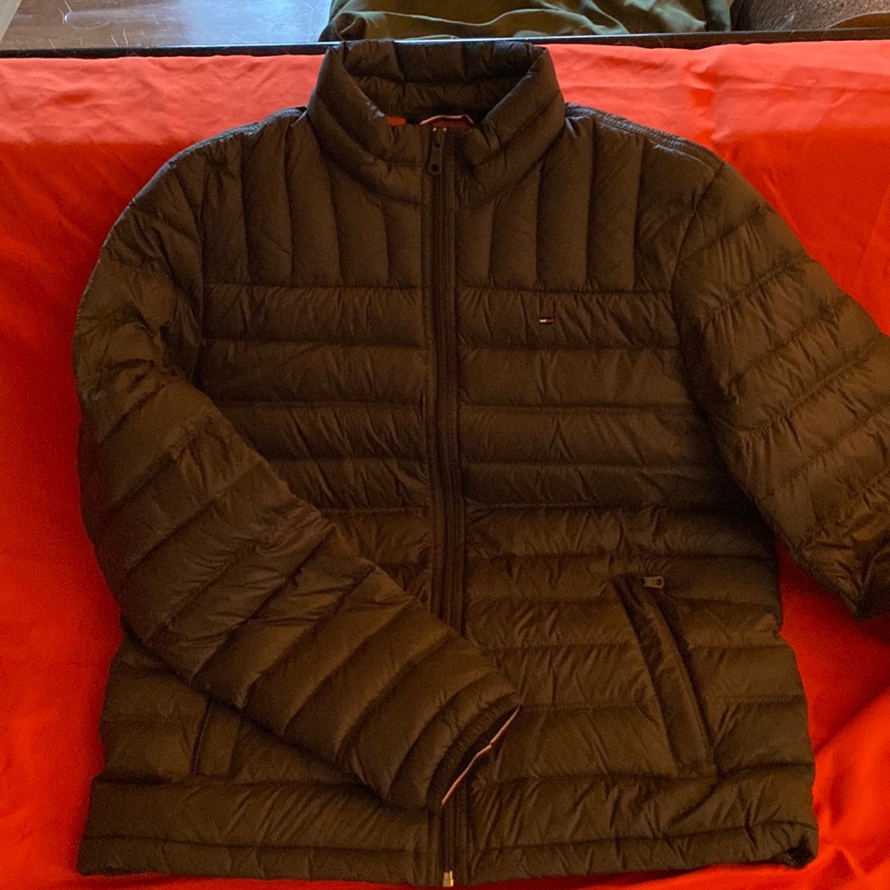 Down Puffer Jacket with Safety Orange Lining.